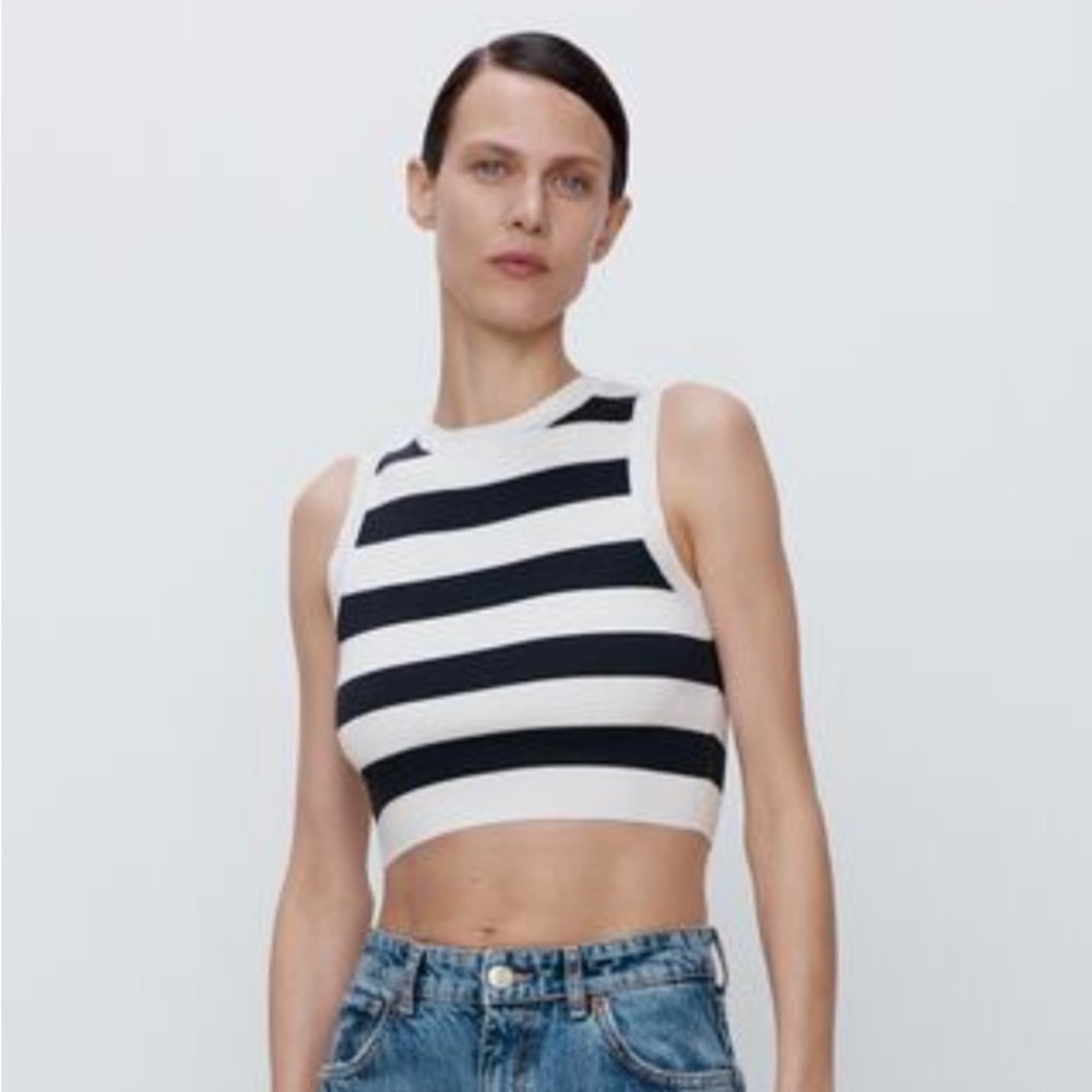 Zara Navy Blue and White Striped Crop Top